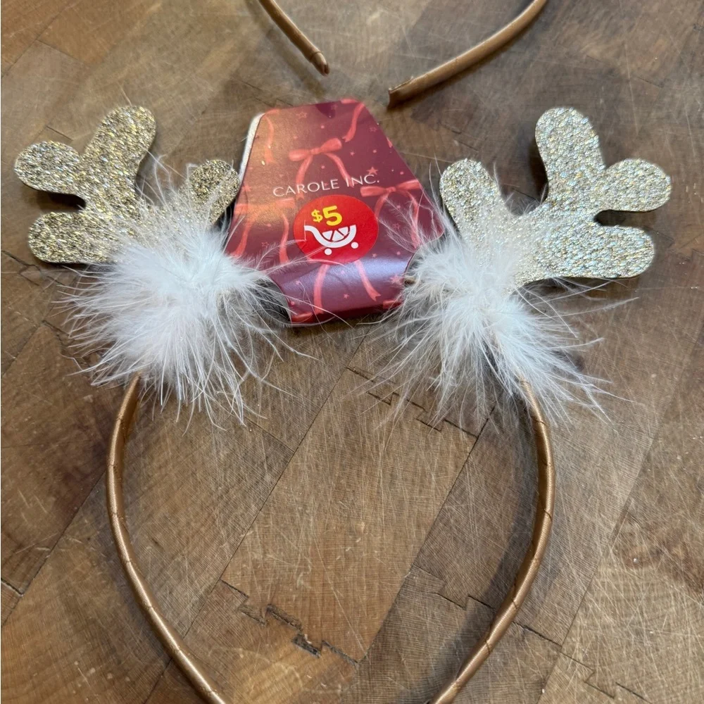 Gold Glitter Reindeer Headband White Feather Trim Christmas Holiday Set of 6